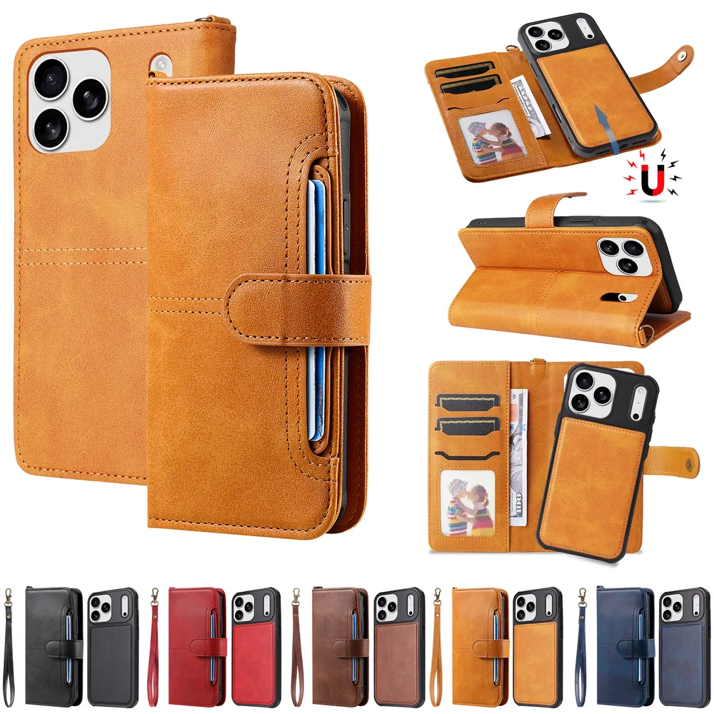 KT Multi-functional Series-4 for iPhone 17 Pro Max Case Detachable PU Leather Zipper Flip Wallet Phone Cover