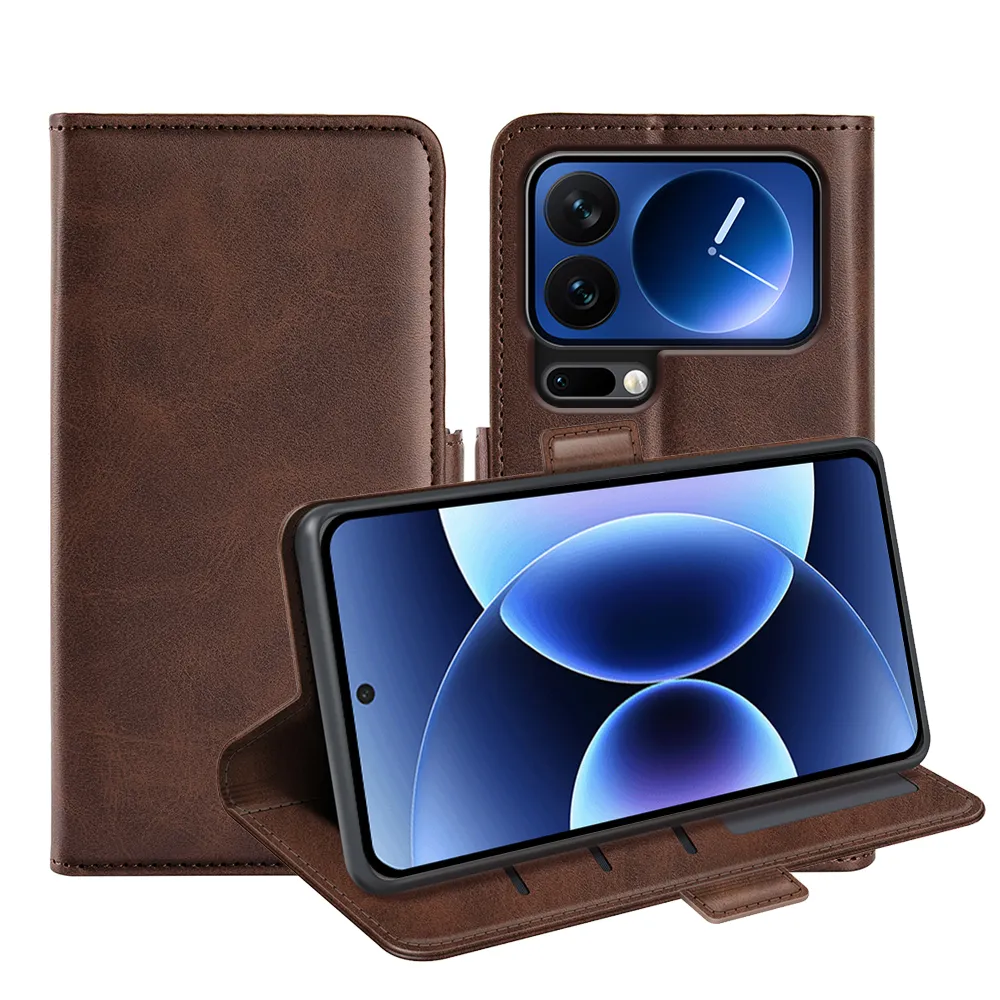 For Xiaomi 17 Pro Max Double Buckle Wallet Style Folio Flip Leather Case with Stand and Card Slots Function