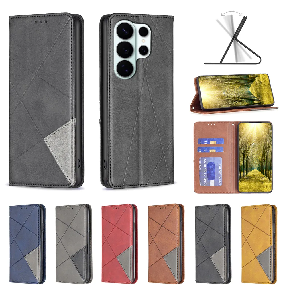 For Samsung Galaxy S26 Ultra Stitching Rhombus Pattern Folio Flip PU Leather Wallet Phone Case