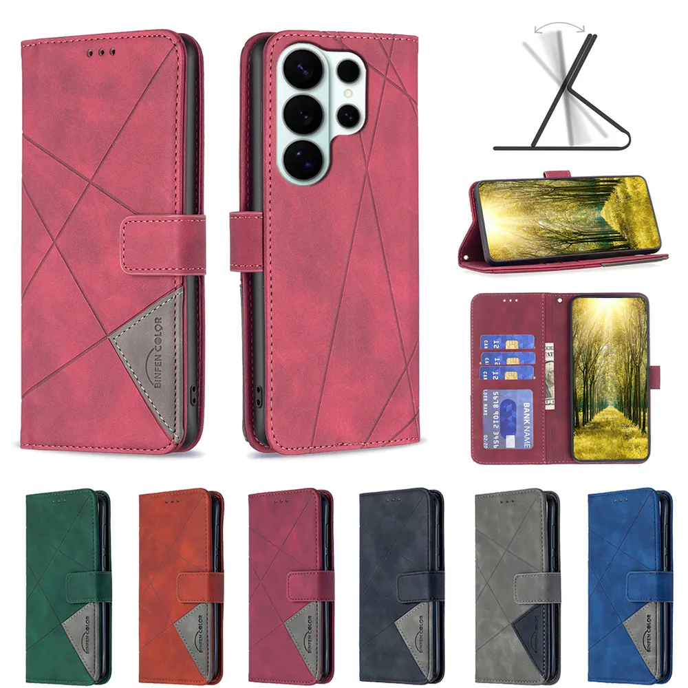 BF05 For Samsung Galaxy S26 Ultra Stitching Rhombus Pattern Folio Flip PU Leather Wallet Phone Case