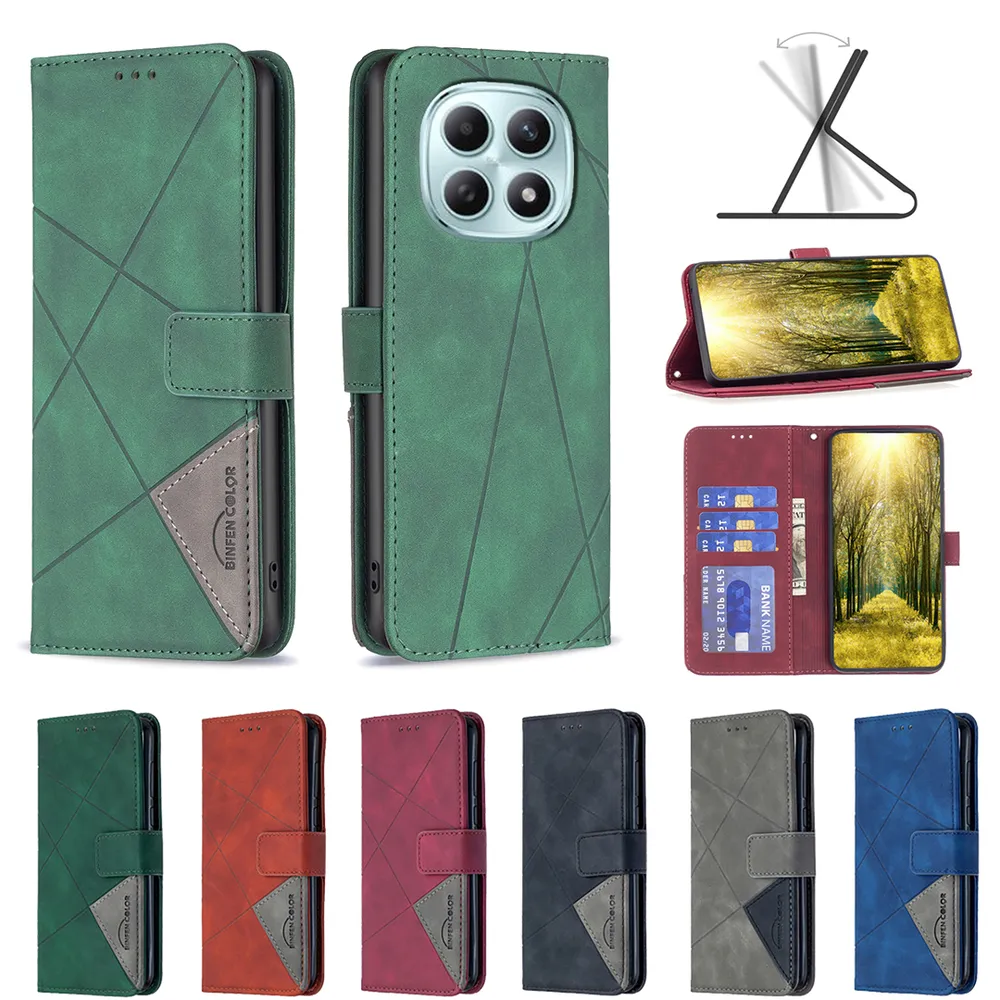 BF05 For Xiaomi Redmi Note 15 Pro 5G Stitching Rhombus Pattern Folio Flip PU Leather Wallet Phone Case