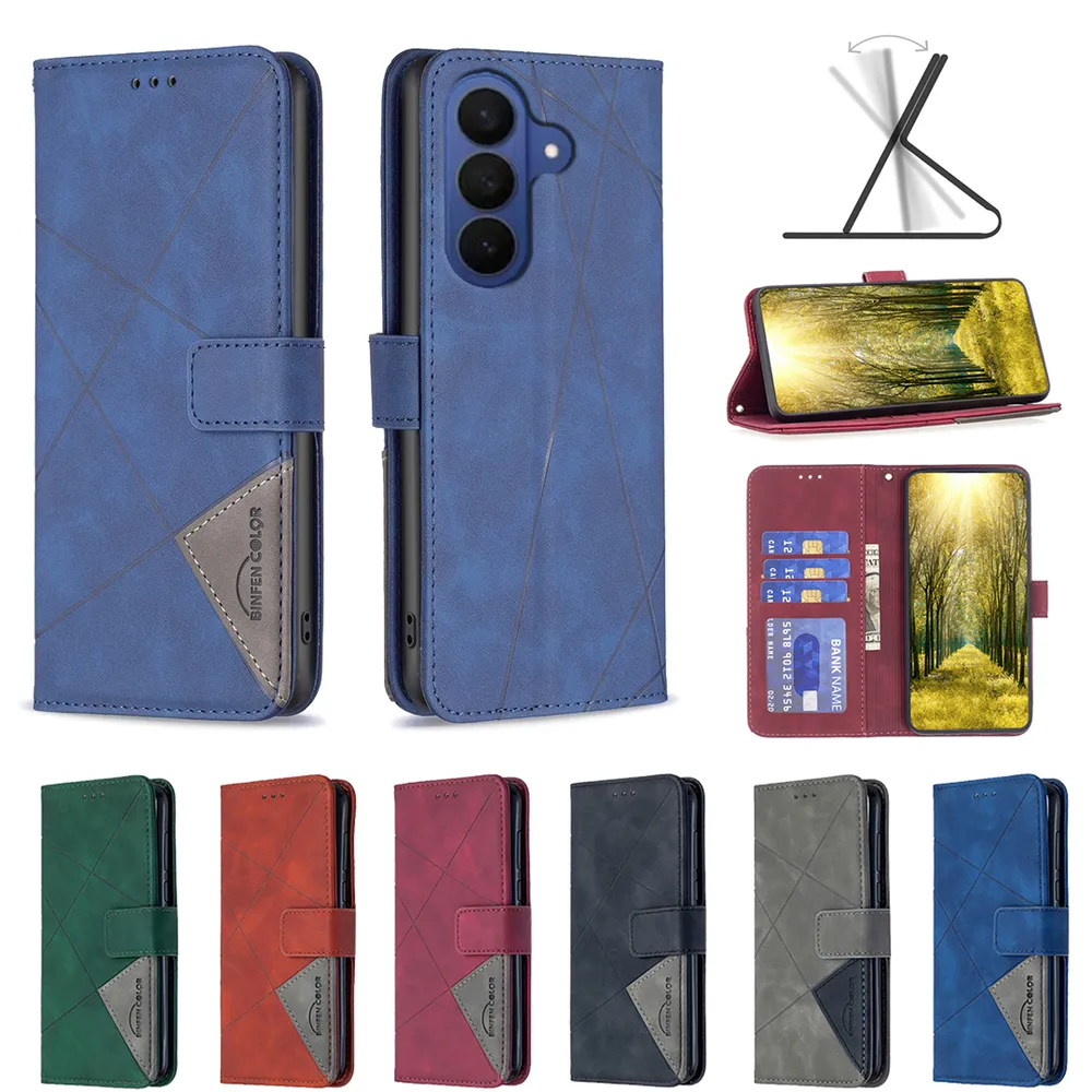 BF05 For Samsung Galaxy S26 Pro Stitching Rhombus Pattern Folio Flip PU Leather Wallet Phone Case