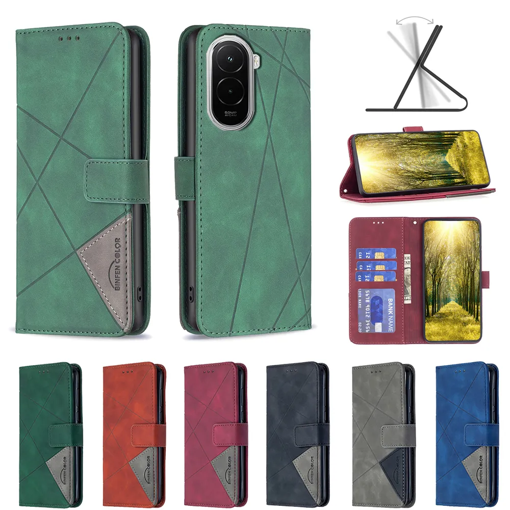 BF05 For Xiaomi Poco M7 4G (169mm) Stitching Rhombus Pattern Folio Flip PU Leather Wallet Phone Case