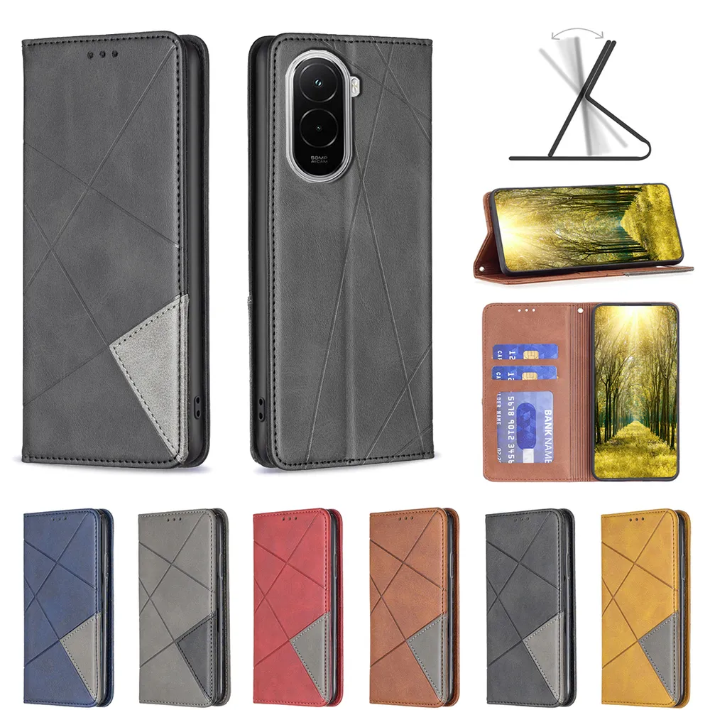 For Xiaomi Poco M7 4G (169mm) Stitching Rhombus Pattern Folio Flip PU Leather Wallet Phone Case