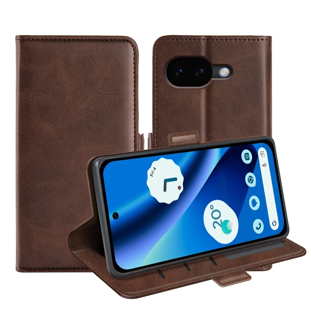 For Google Pixel 10A Double Buckle Wallet Style Folio Flip Leather Case with Stand and Card Slots Function