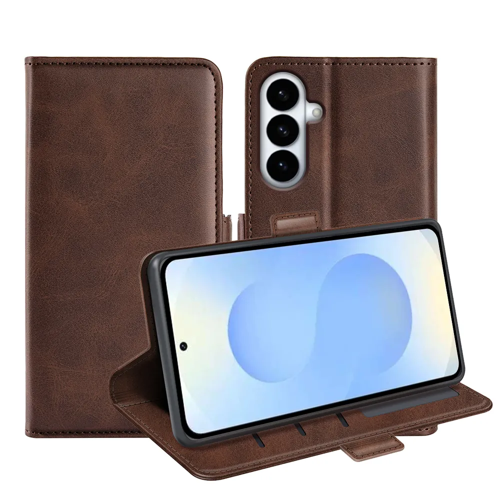 For Samsung Galaxy S26 Plus Double Buckle Wallet Style Folio Flip Leather Case with Stand and Card Slots Function