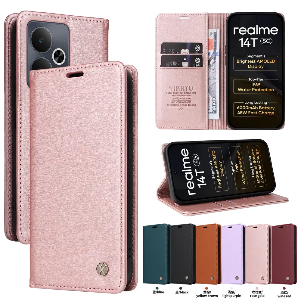 YIKATU YK-001 For OPPO Realme 14 5G Phone Wallet Case Anti-fall Phone Shell Magnetic Closure Flip Leather Cover Stand