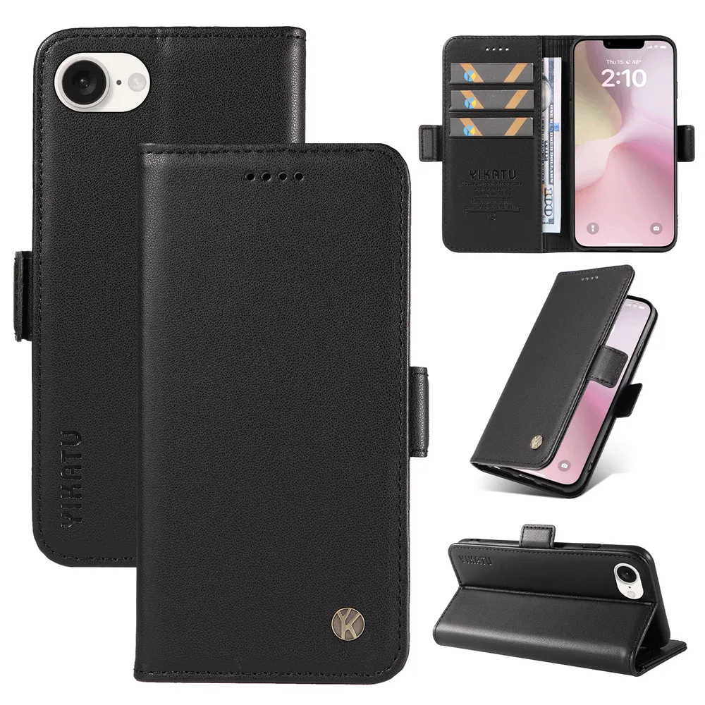 YIKATU YK-003 For iPhone 16E PU Leather Wallet Cover Magnetic Clasp Phone Stand Case
