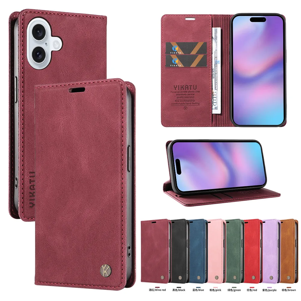 YIKATU YK-004 For iPhone 17 Magnetic Case Skin-touch Leather Stand Wallet Phone Cover 