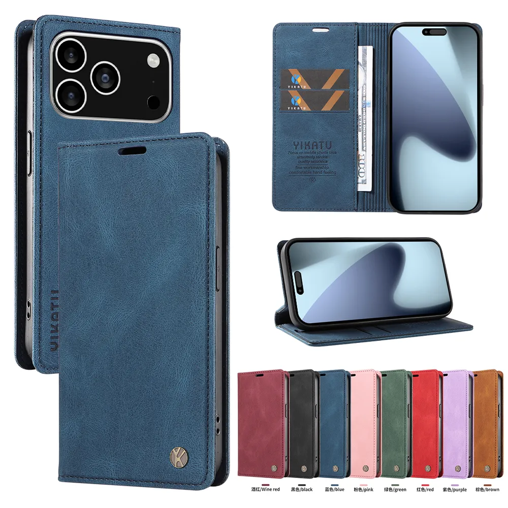 YIKATU YK-004 For iPhone 17 Pro Magnetic Case Skin-touch Leather Stand Wallet Phone Cover 