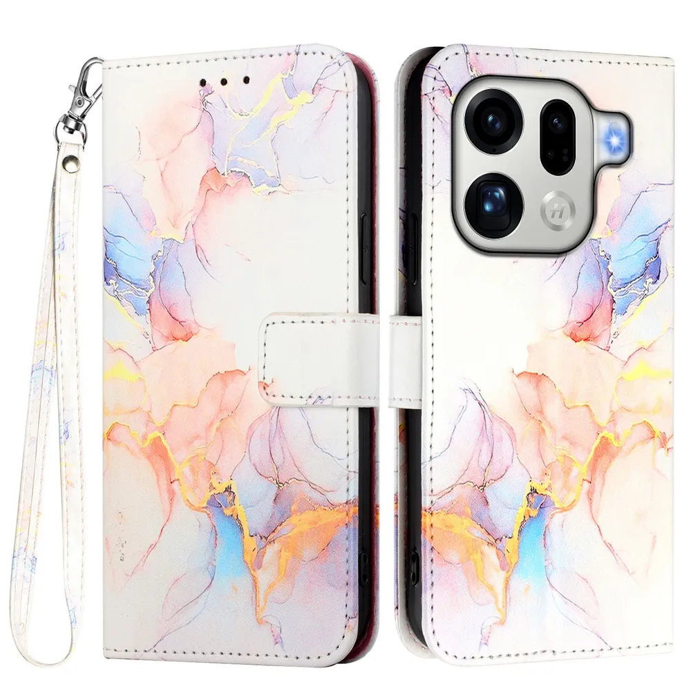For Oppo Find X9 Pro Marble Pattern Scratch Resistant Magnetic Buckle Flip Leather Case with Wrist Strap