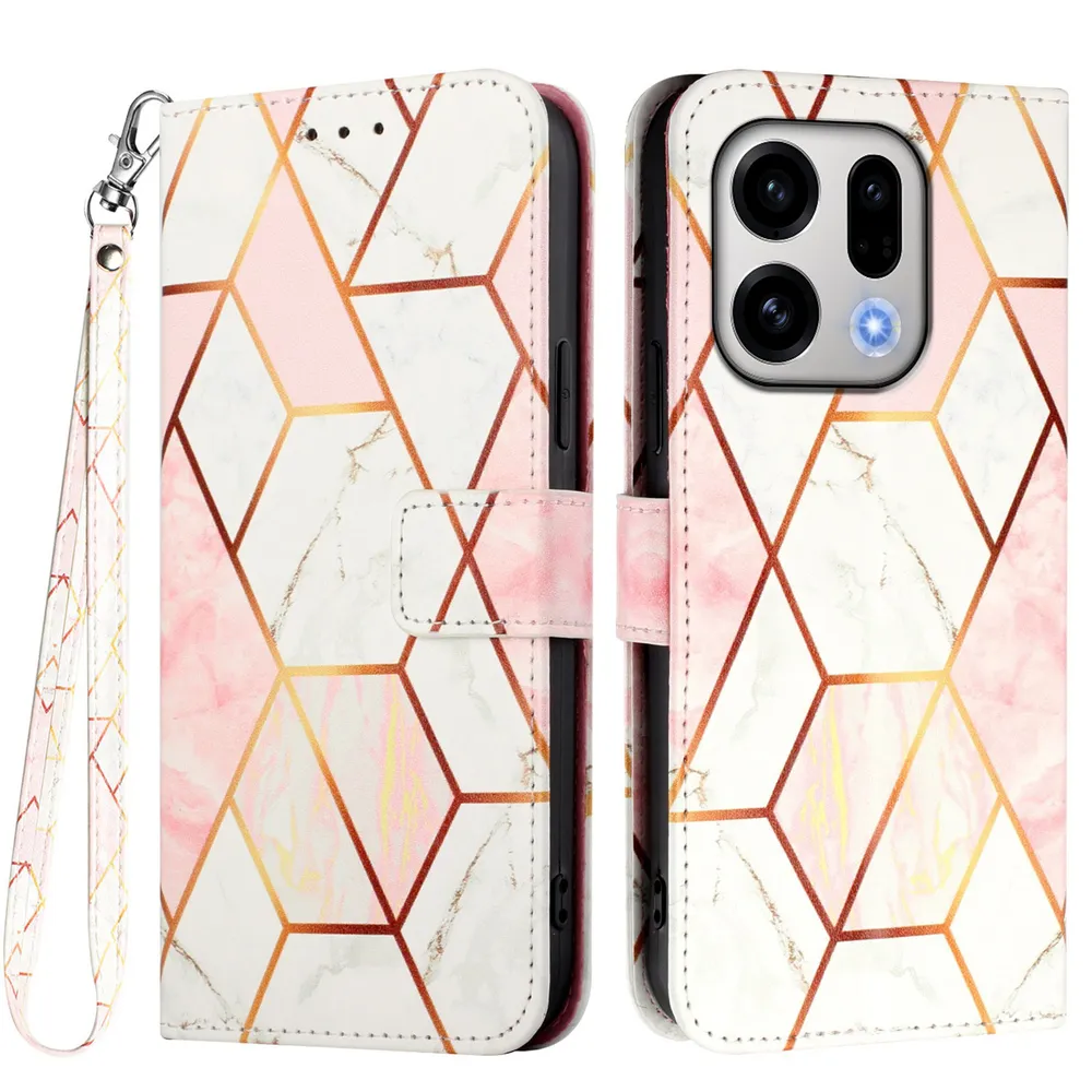 For Oppo Find X9 Marble Pattern Scratch Resistant Magnetic Buckle Flip Leather Case with Wrist Strap