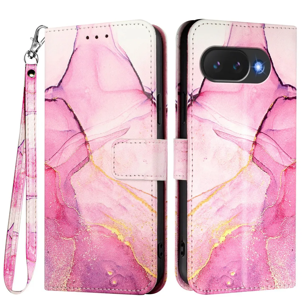 For Google Pixel 10A Marble Pattern Scratch Resistant Magnetic Buckle Flip Leather Case with Wrist Strap