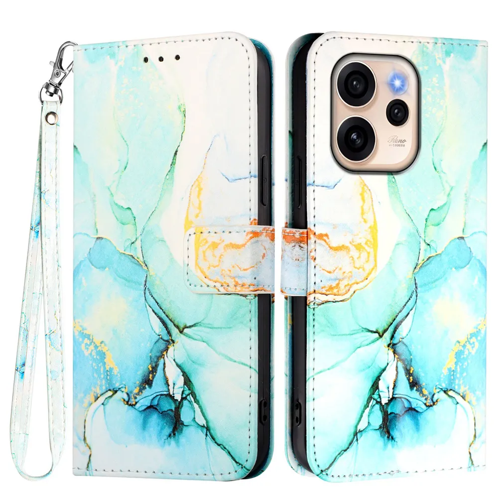 For Oppo Reno 15 5G Marble Pattern Scratch Resistant Magnetic Buckle Flip Leather Case with Wrist Strap