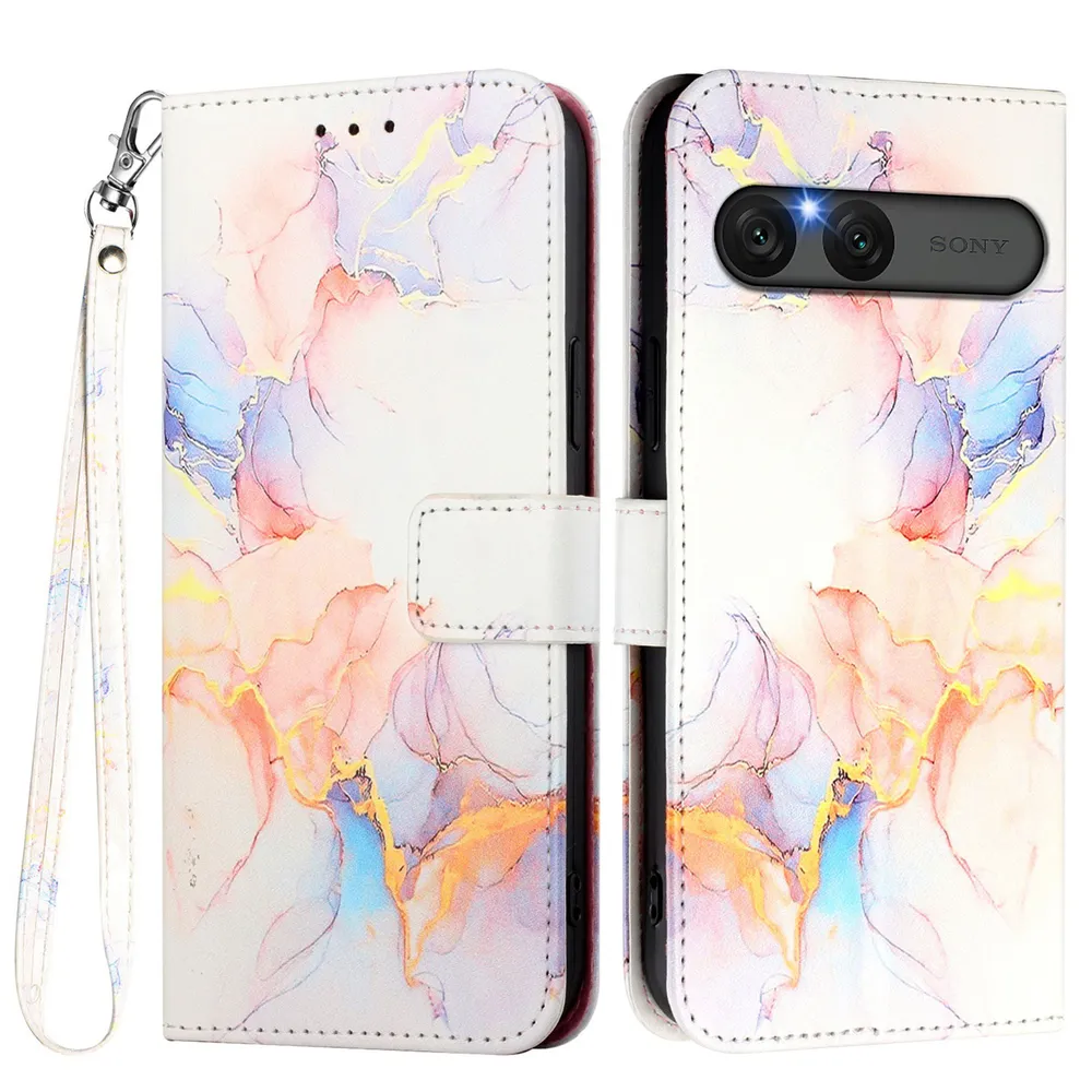 For Sony Xperia 10 VII Marble Pattern Scratch Resistant Magnetic Buckle Flip Leather Case with Wrist Strap