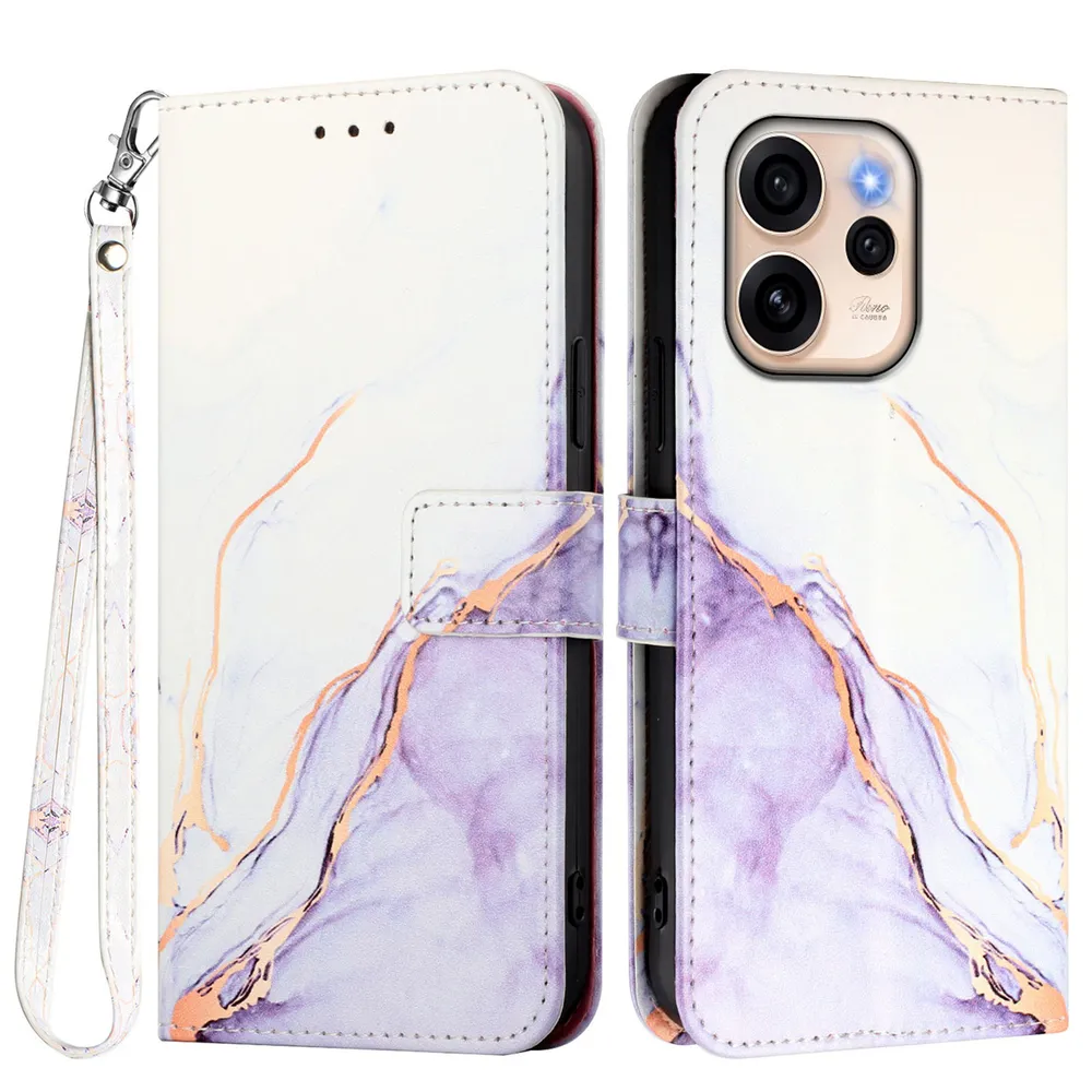 For Oppo Reno 15 Pro Marble Pattern Scratch Resistant Magnetic Buckle Flip Leather Case with Wrist Strap