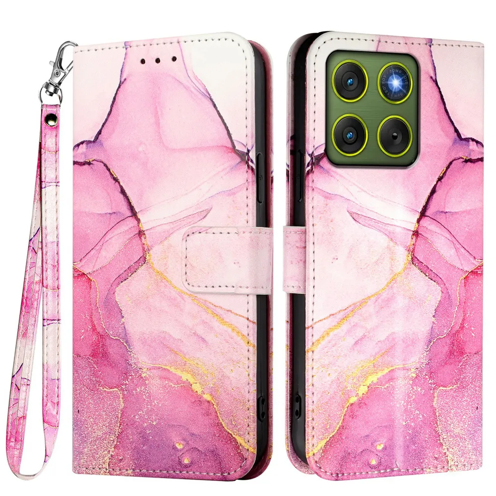 For Motorola Moto Edge 70 5G Marble Pattern Scratch Resistant Magnetic Buckle Flip Leather Case with Wrist Strap