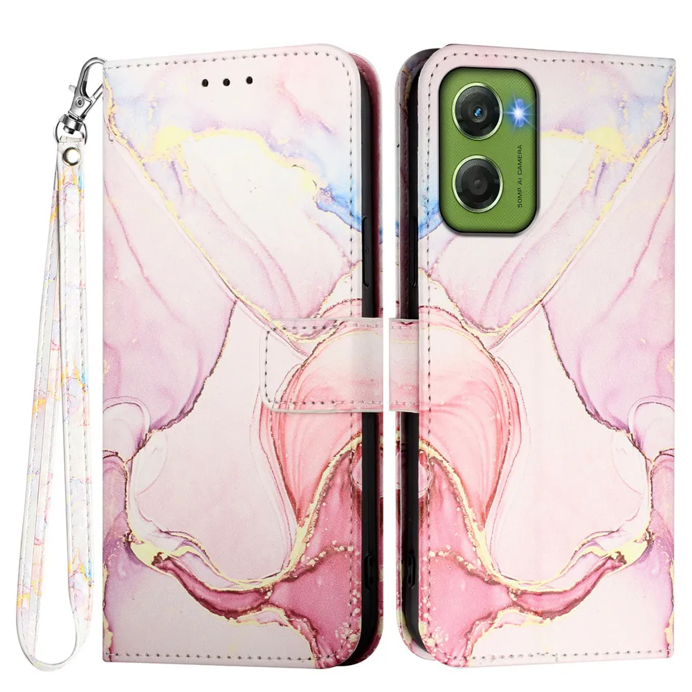 For Motorola Moto G06 4G Marble Pattern Scratch Resistant Magnetic Buckle Flip Leather Case with Wrist Strap