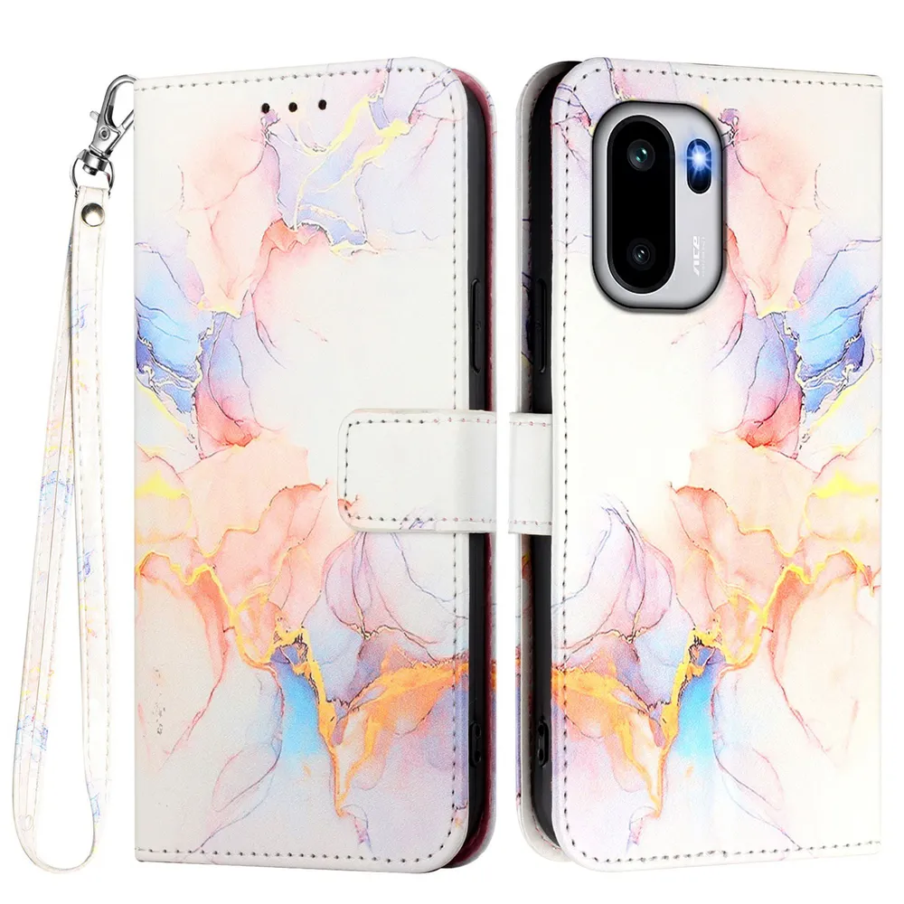 For Oneplus ACE 6 Marble Pattern Scratch Resistant Magnetic Buckle Flip Leather Case with Wrist Strap