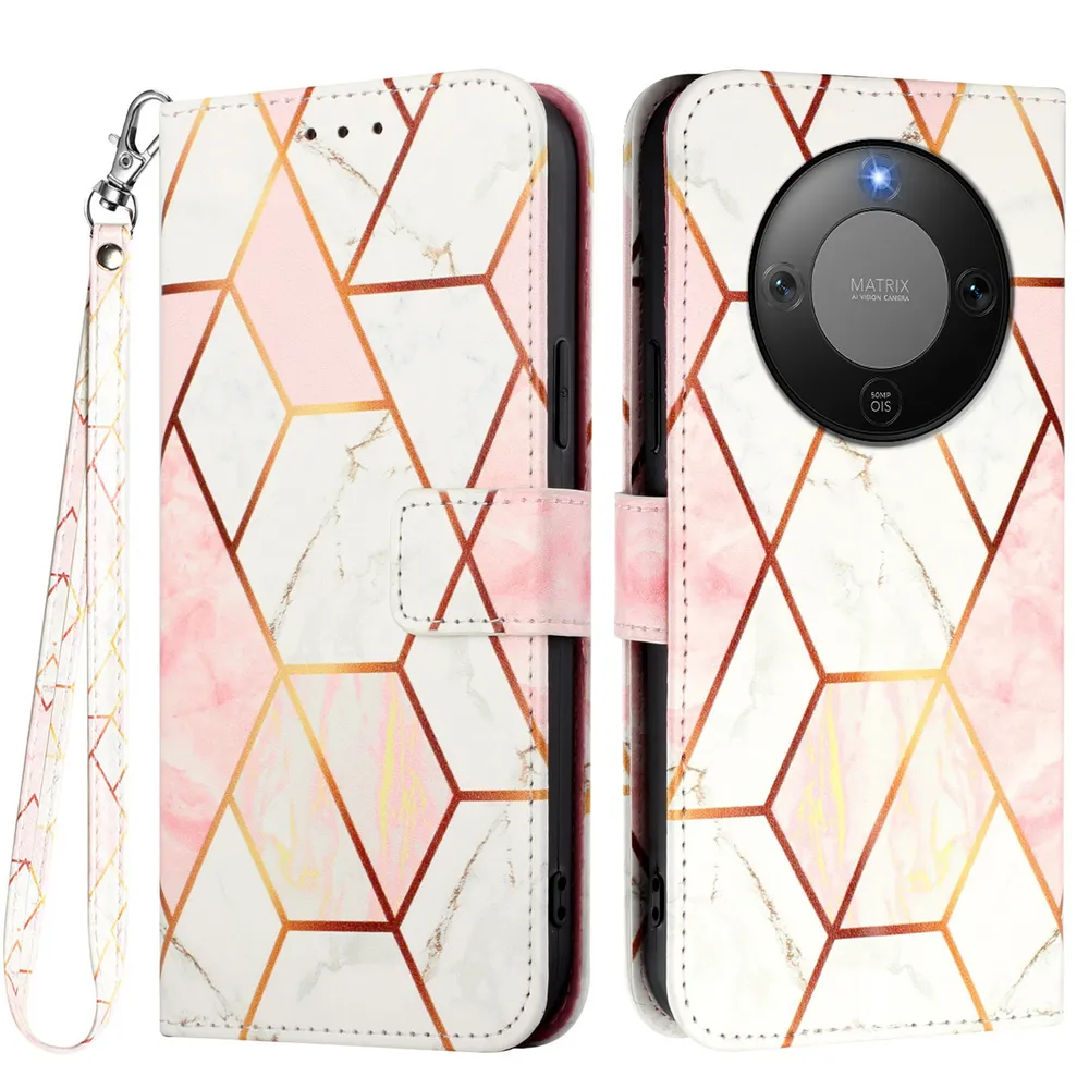 For Honor X70 5G Marble Pattern Scratch Resistant Magnetic Buckle Flip Leather Case with Wrist Strap