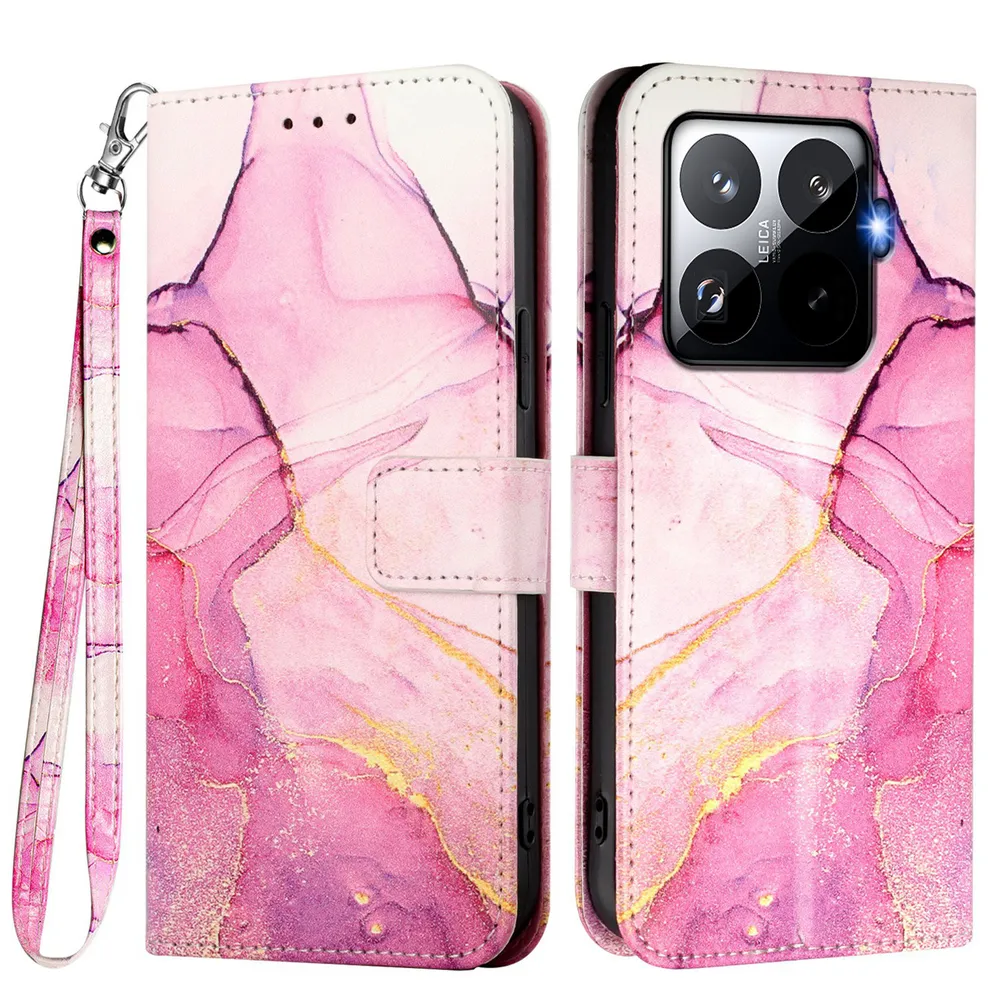 For Xiaomi 15T Pro Marble Pattern Scratch Resistant Magnetic Buckle Flip Leather Case with Wrist Strap