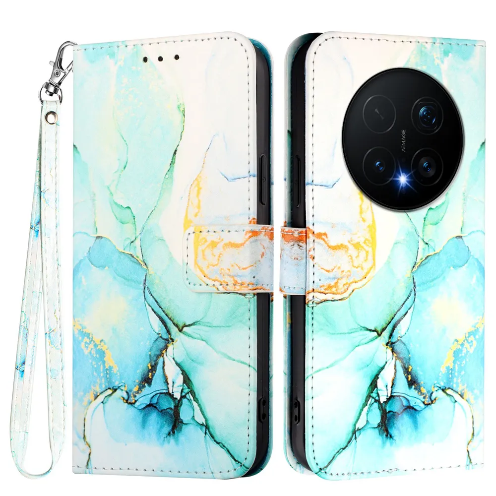For Honor Magic 8 Pro Marble Pattern Scratch Resistant Magnetic Buckle Flip Leather Case with Wrist Strap