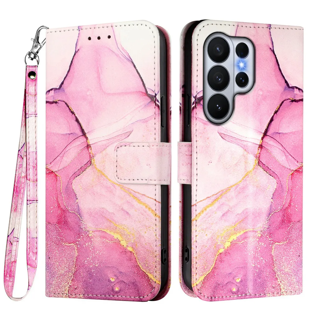 For Samsung Galaxy S26 Ultra Marble Pattern Scratch Resistant Magnetic Buckle Flip Leather Case with Wrist Strap