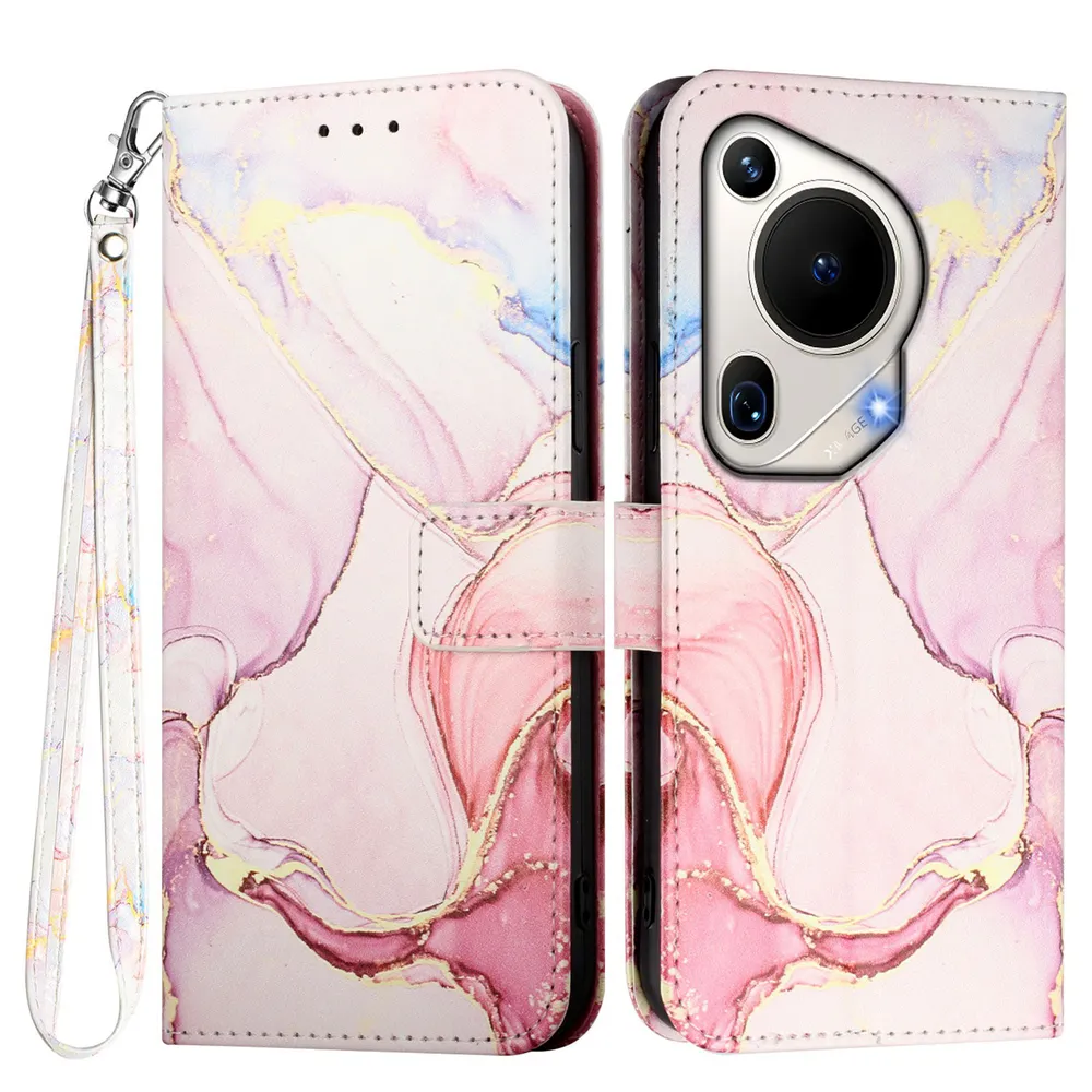 For Huawei Pura 70 Ultra Marble Pattern Scratch Resistant Magnetic Buckle Flip Leather Case with Wrist Strap