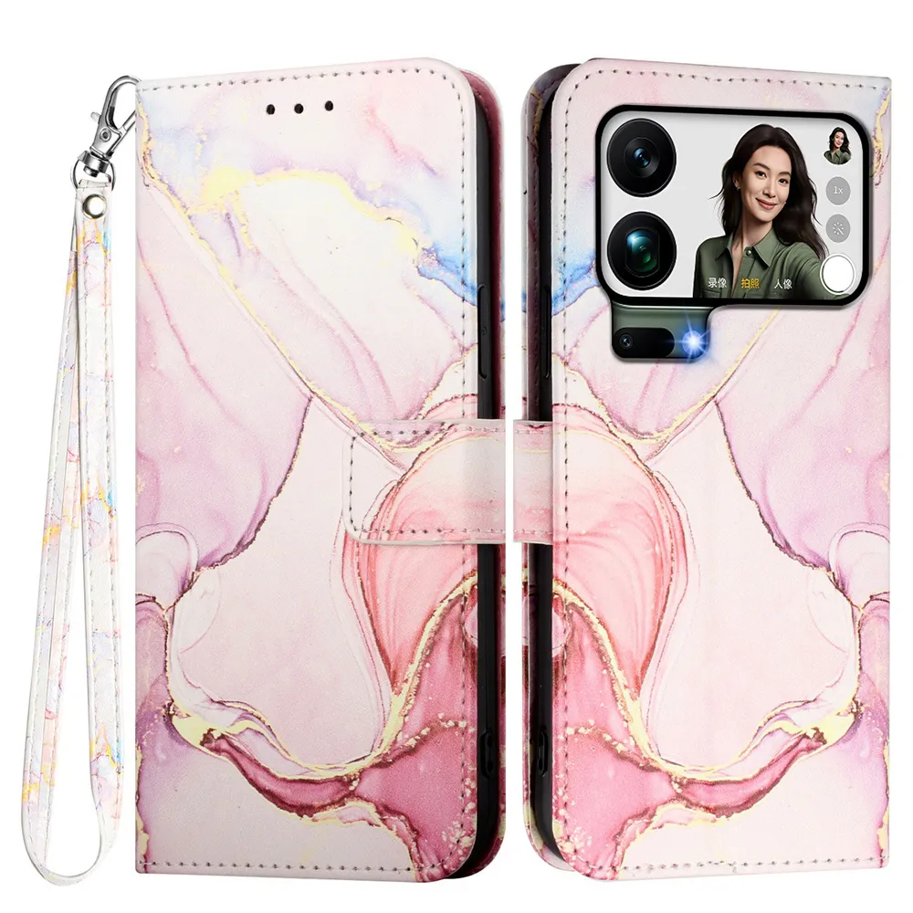 For Xiaomi 17 Pro Max Marble Pattern Scratch Resistant Magnetic Buckle Flip Leather Case with Wrist Strap