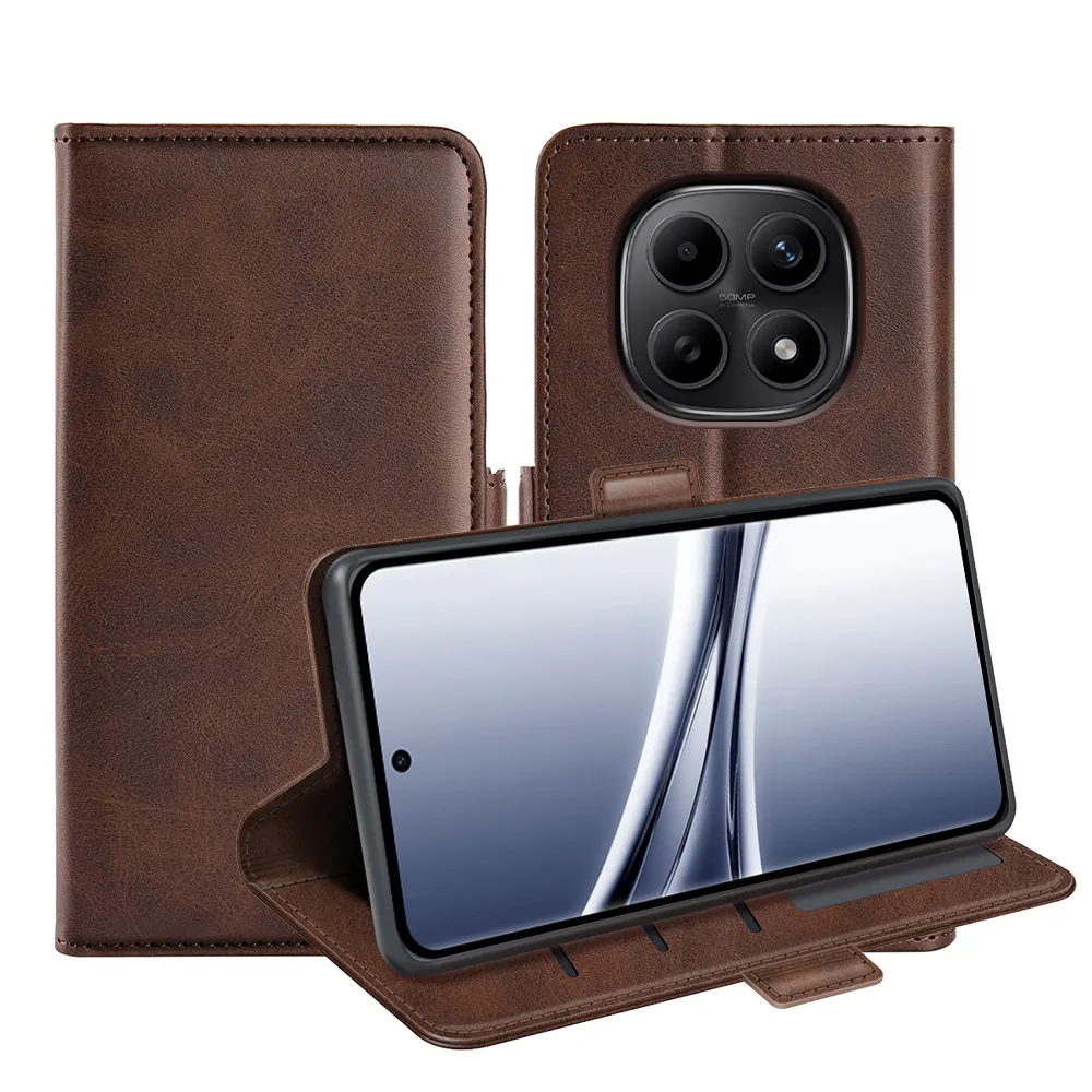 For Xiaomi Redmi Note 15 Double Buckle Wallet Style Folio Flip Leather Case with Stand and Card Slots Function