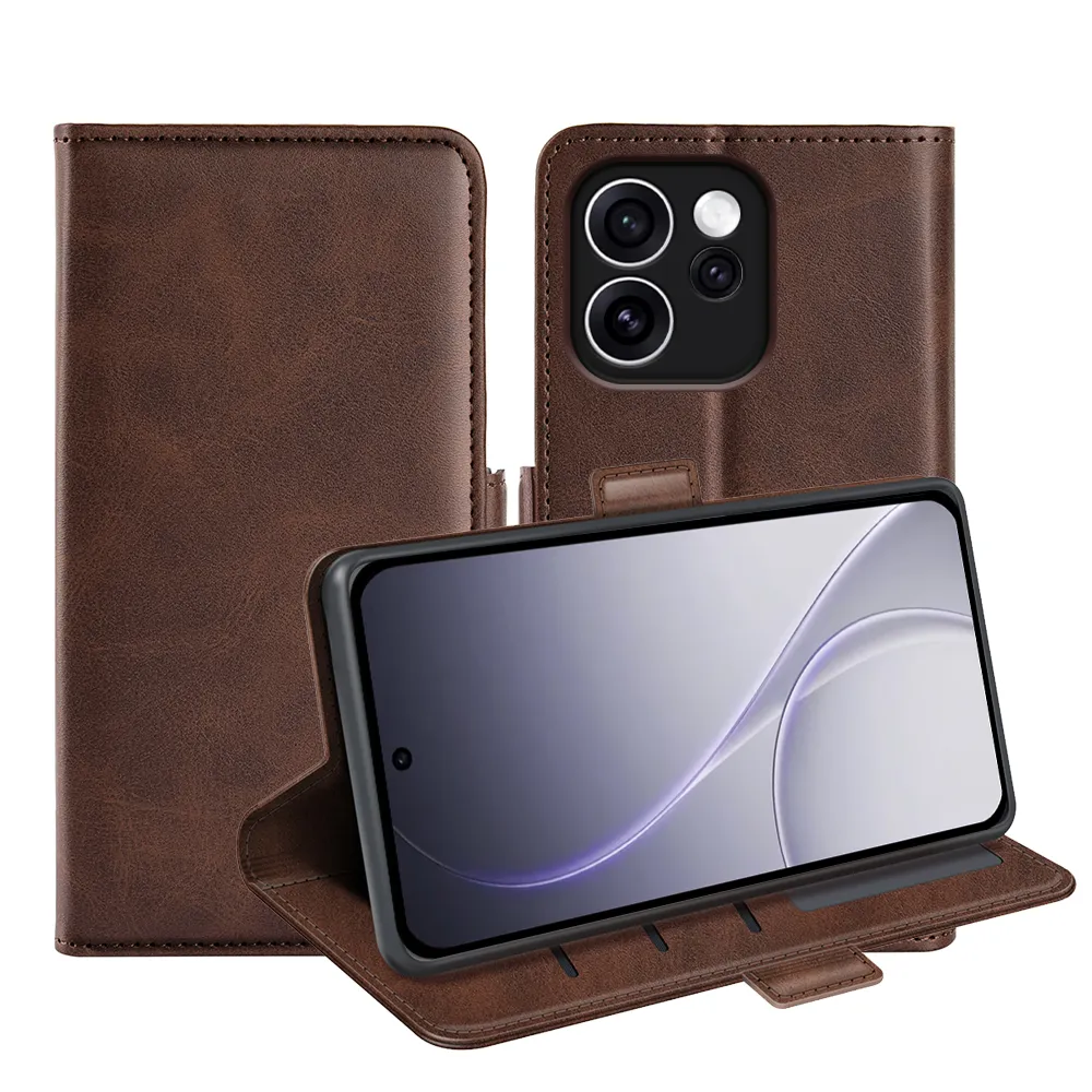 For OPPO Reno 15F 5G Double Buckle Wallet Style Folio Flip Leather Case with Stand and Card Slots Function