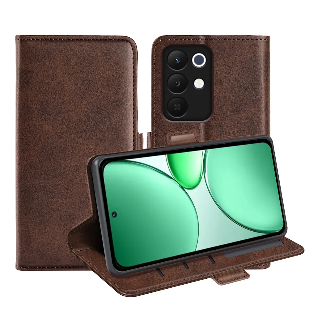 For Realme C85 Pro 4G Double Buckle Wallet Style Folio Flip Leather Case with Stand and Card Slots Function