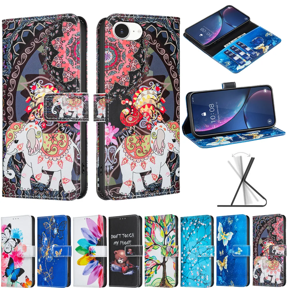 For iPhone 16E Color Painted Side Flip Scratch Resistant PU Leather Wallet Phone Case