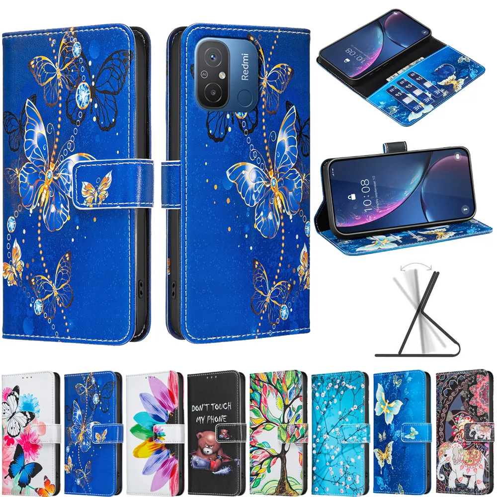 For Xiaomi Poco C55 / Redmi 12C Color Painted Side Flip Scratch Resistant PU Leather Wallet Phone Case