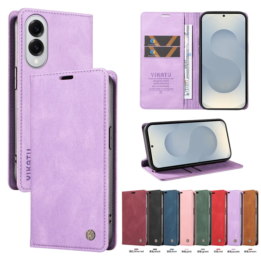 YIKATU YK-004 For Samsung Galaxy S25 Edge Magnetic Case Skin-touch Leather Stand Wallet Phone Cover 
