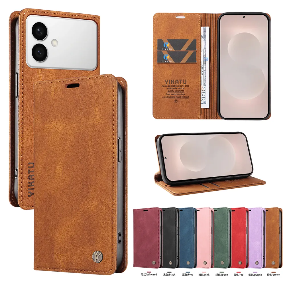 YIKATU YK-004 For Samsung Galaxy S26 Edge Magnetic Case Skin-touch Leather Stand Wallet Phone Cover 