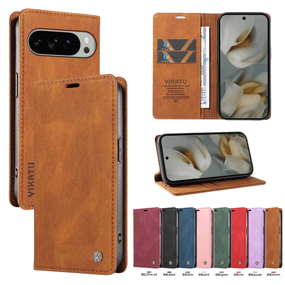 YIKATU YK-004 For Google Pixel 9 Pro XL Magnetic Case Skin-touch Leather Stand Wallet Phone Cover 