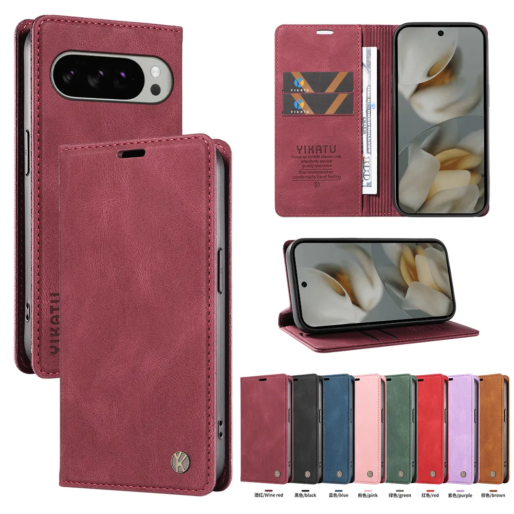 YIKATU YK-004 For Google Pixel 10 Pro XL Magnetic Case Skin-touch Leather Stand Wallet Phone Cover 