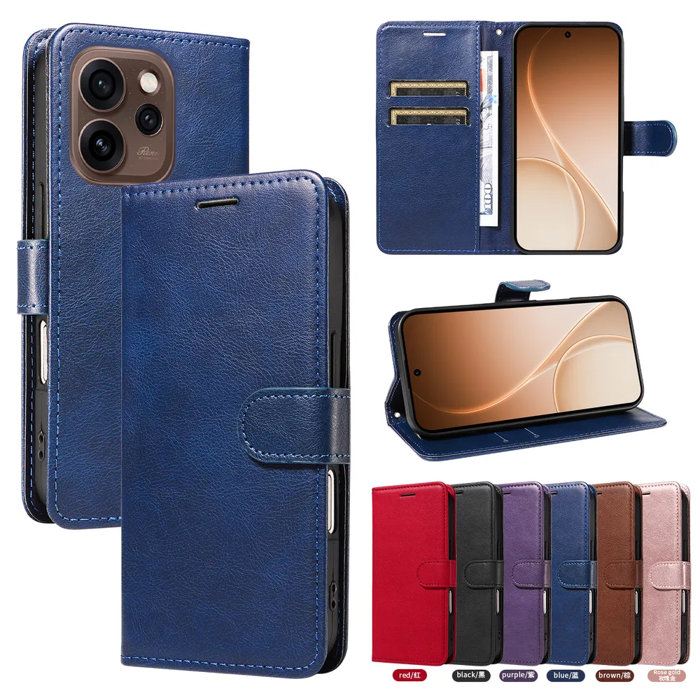 Solid Color Pattern Scratch Resistant Clamshell PU Leather Phone Protective Case with Lanyard&Card Slots for OPPO Reno 15 5G