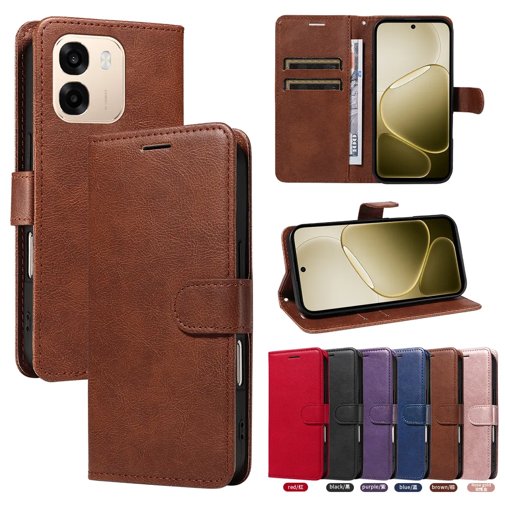 Solid Color Pattern Scratch Resistant Clamshell PU Leather Phone Protective Case with Lanyard&Card Slots for OPPO A6X 5G