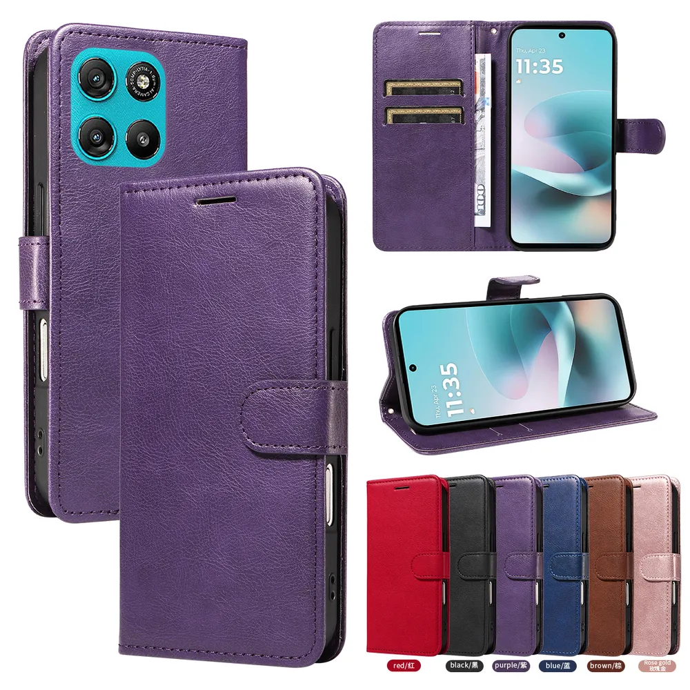 Solid Color Pattern Scratch Resistant Clamshell PU Leather Phone Protective Case with Lanyard&Card Slots for Motorola Moto G67 Power 5G
