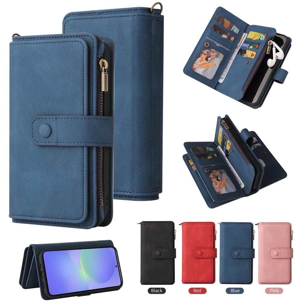 For Samsung Galaxy A37 KT Multi-Functional Series-2 15 Cards Design Buckle Closure Skin Touch PU Leather Phone Wallet Stand Case with Wrist Strap