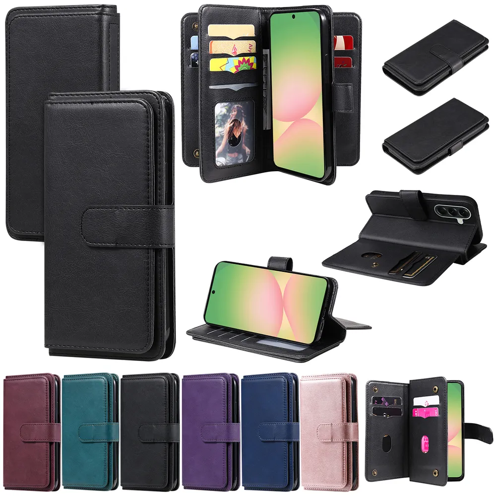 For Samsung Galaxy A57 5G Solid Color Anti-fall 10 Card Slots Wallet Style Flip Leather Case with Stand Function