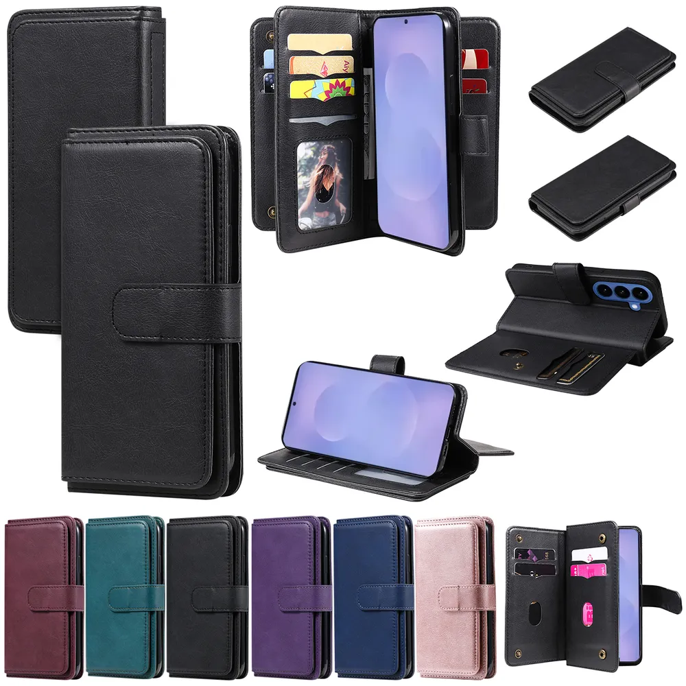 For Samsung Galaxy S26 Plus Solid Color Anti-fall 10 Card Slots Wallet Style Flip Leather Case with Stand Function