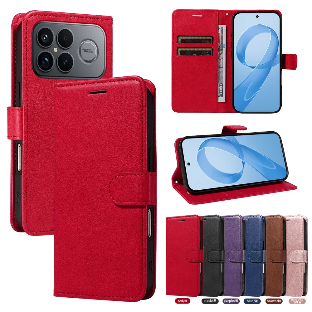 Solid Color Pattern Scratch Resistant Clamshell PU Leather Phone Protective Case with Lanyard&Card Slots for Xiaomi Redmi K90 Pro Max 5G