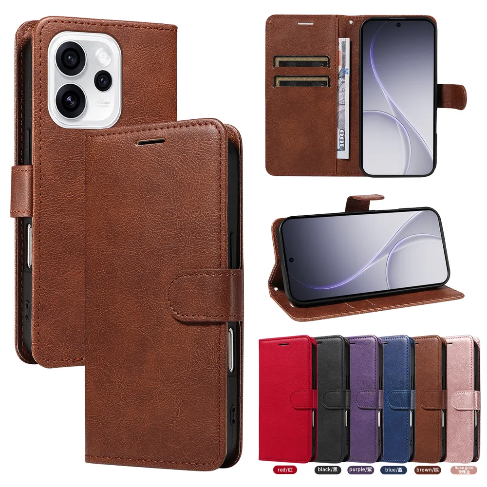 Solid Color Pattern Scratch Resistant Clamshell PU Leather Phone Protective Case with Lanyard&Card Slots for OPPO Reno 15 Pro 5G