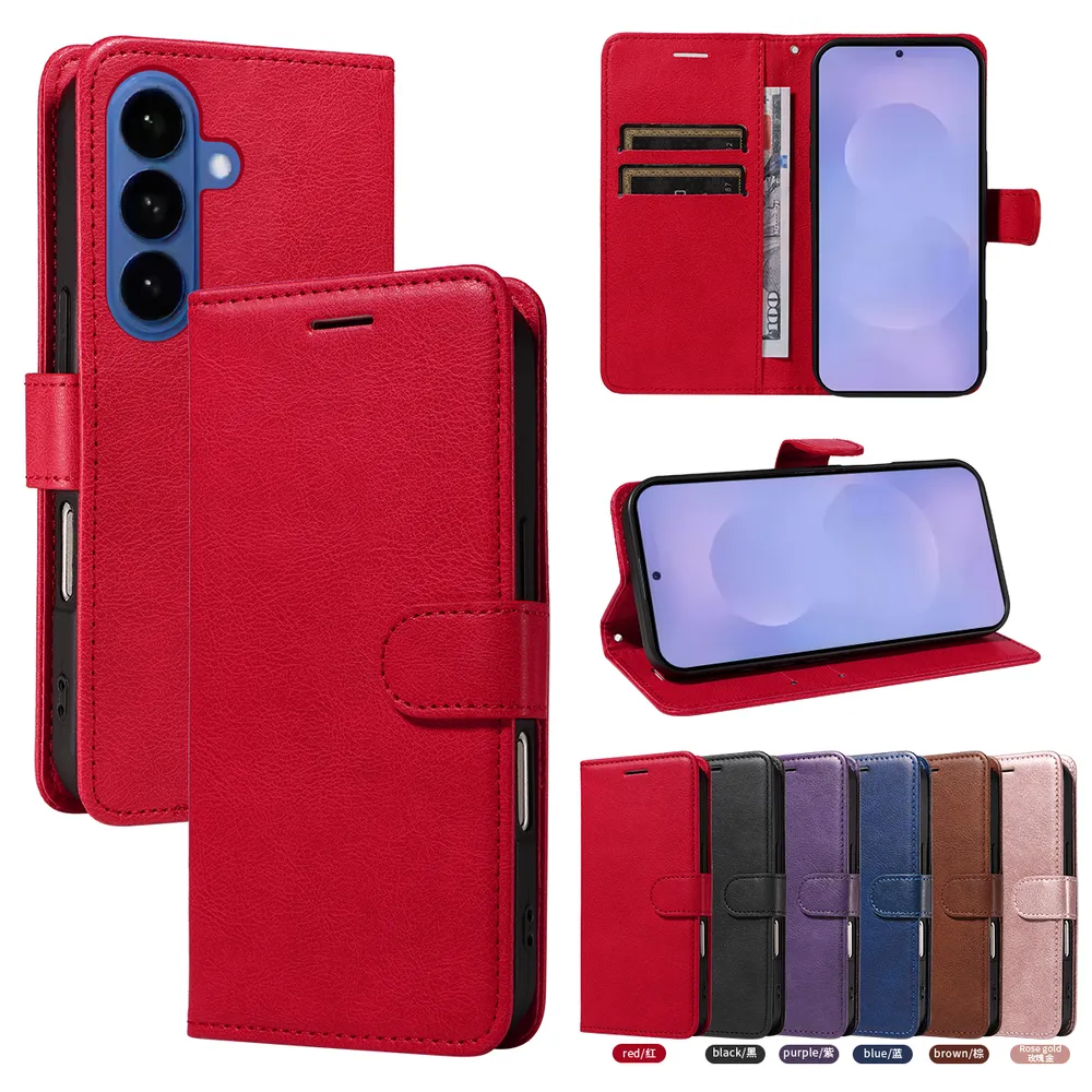 Solid Color Pattern Scratch Resistant Clamshell PU Leather Phone Protective Case with Lanyard&Card Slots for Samsung Galaxy S26 Plus