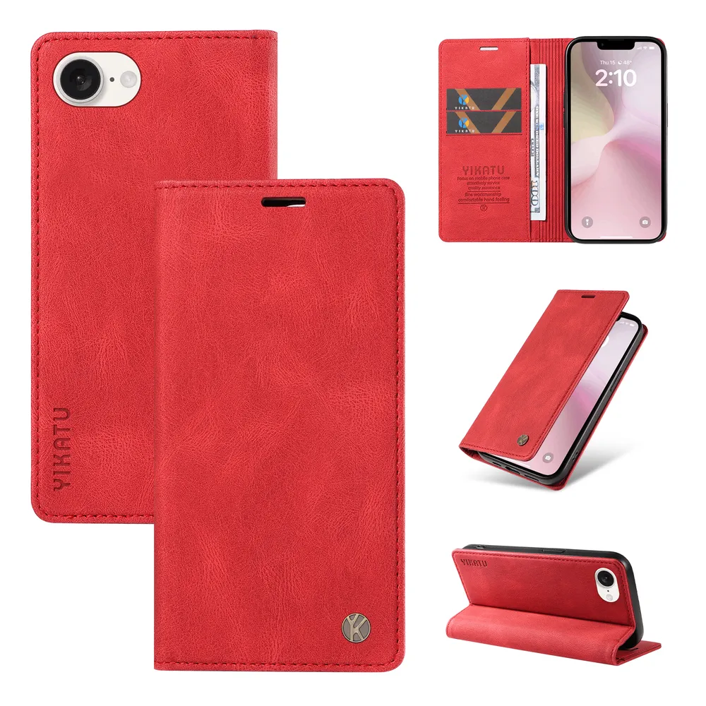 YIKATU YK-004 For iPhone 16E Magnetic Case Skin-touch Leather Stand Wallet Phone Cover 