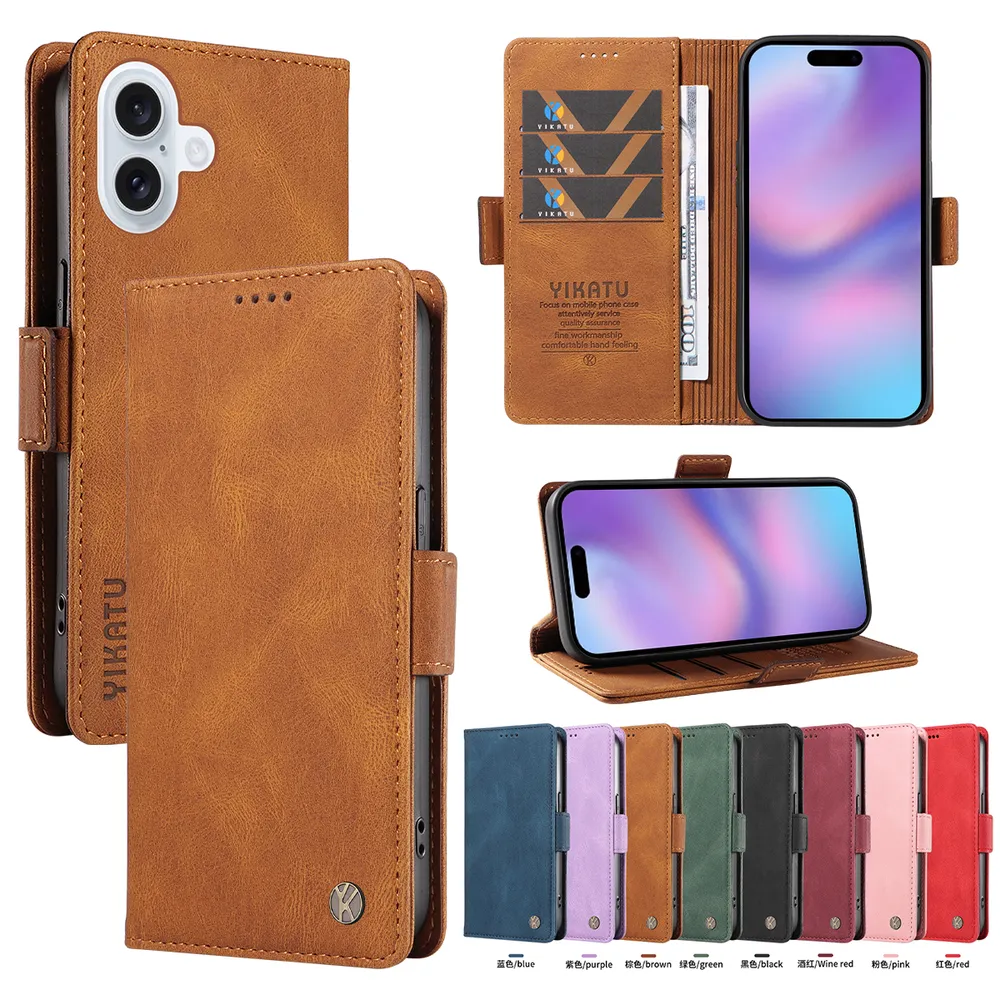 YIKATU YK-005 For iPhone 17 PU Leather Wallet Case Skin-touch Stand Magnetic Closure Phone Cover