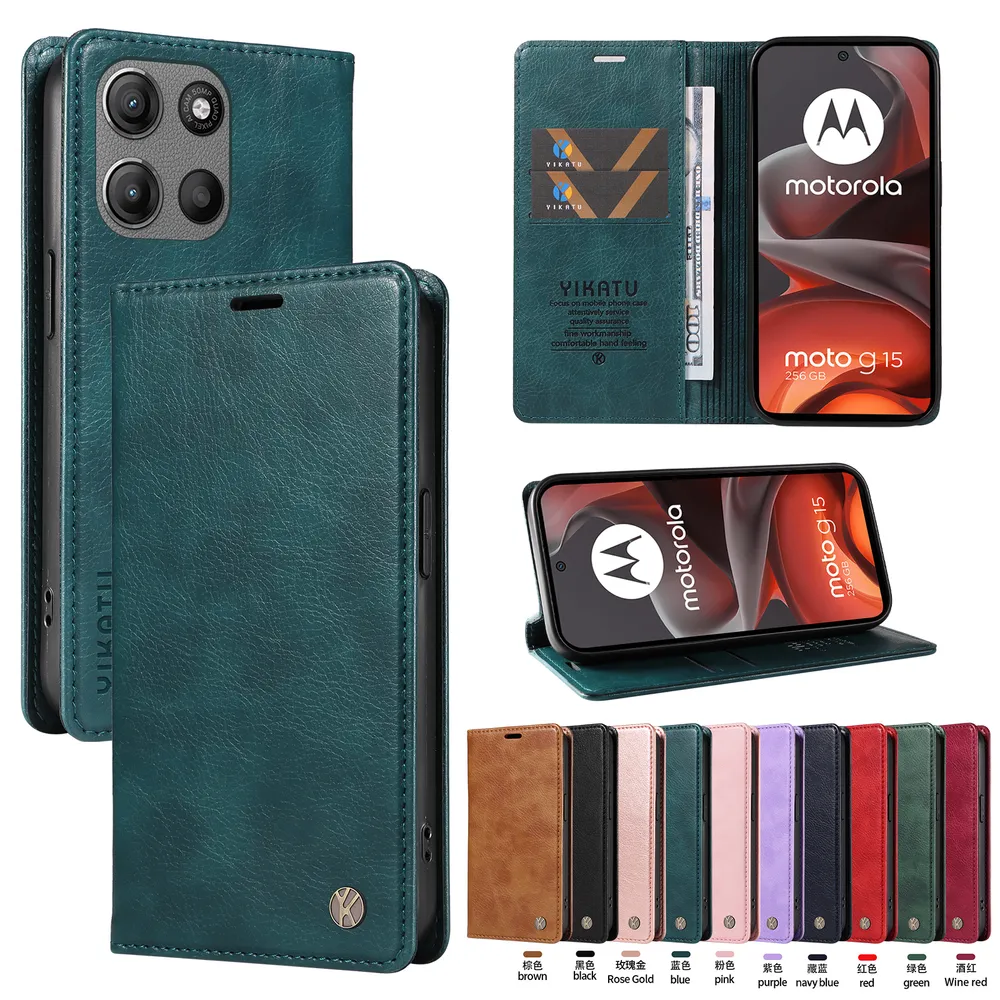 YIKATU YK-006 For Motorola Moto G15 Leather Wallet Case Magnetic Closing Flip Phone Cover